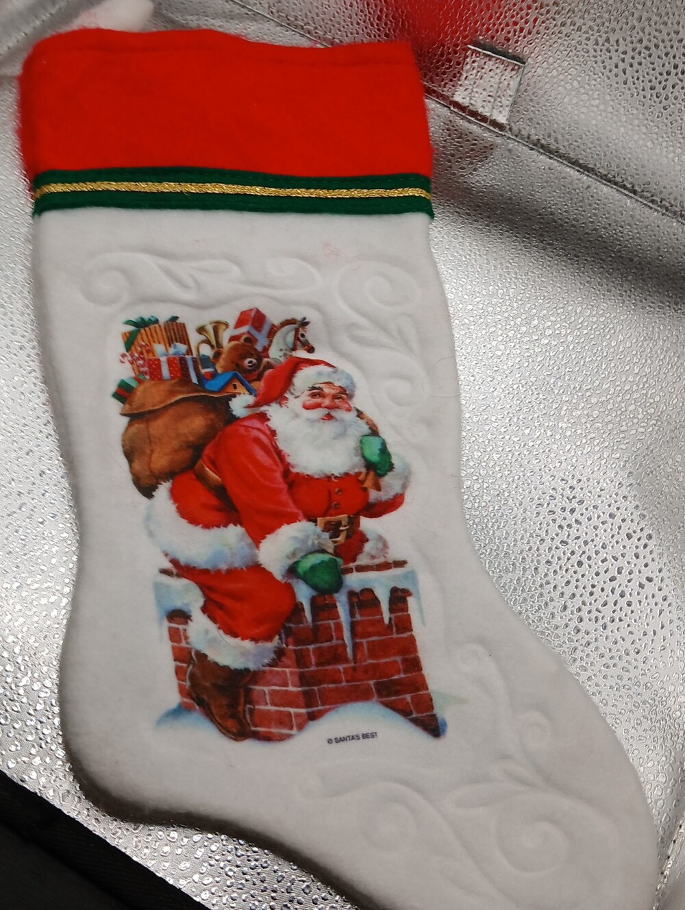 VTG 1980s Santa's Best Felt Christmas Stocking Embossed Santa chimney